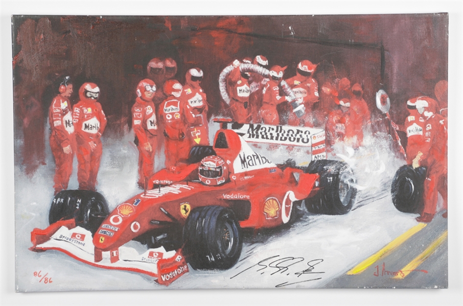 Ferrari Formula One Racing Legend Michael Schumacher Signed John Arcaro Limited-Edition Enhanced Print on Canvas #86/86 (17 ¾” x 27 ¾”) 