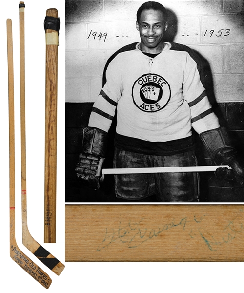 Herb Carnegies 1950s Hespeler Regulation Game-Used Stick Plus 1962 "Porcupine Old Timers" Multi-Signed Stick Including Carnegie with Family LOA