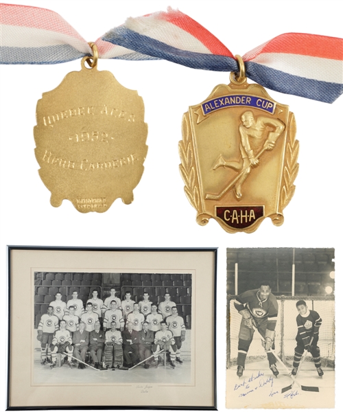 Herb Carnegies 1951-52 QSHL Quebec Aces Alexander Cup Medal Plus Quebec Aces Photos (7) with Family LOA