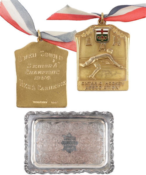 Herb Carnegies 1953-54 Owen Sound Mercurys OHA Senior "A" Championship Medal and 1953-54 Senior "A" Championship Cream and Sugar Set Including Engraved Tray with Family LOA