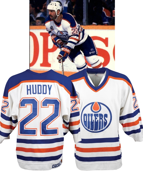Charlie Huddys 1989-90 Edmonton Oilers Game-Worn Stanley Cup Finals Jersey with Team LOA - Team Repairs!