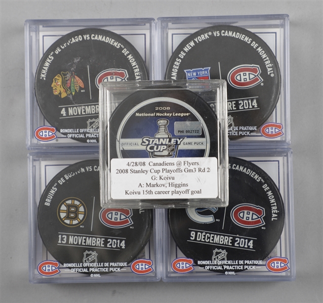 Saku Koivus Montreal Canadiens April 28th 2008 Stanley Cup Playoffs Goal Puck Plus 2014-15 Official Practice-Used Pucks (4)