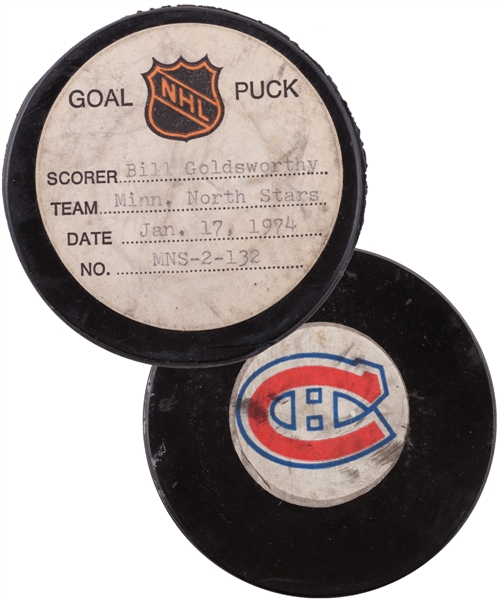 Bill Goldsworthys Minnesota North Stars January 17th 1974 Goal Puck from the NHL Goal Puck Program