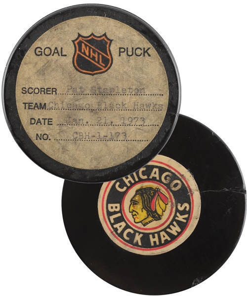 Pat Stapletons Chicago Black Hawks January 21st 1973 Goal Puck from the NHL Goal Puck Program