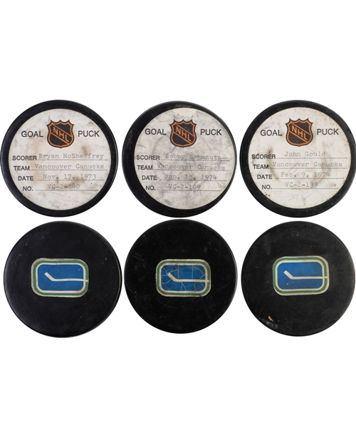 Bobby Schmautzs, John Goulds and Bryan McSheffreys Vancouver Canucks 1973-74 Goal Pucks (3) from the NHL Goal Puck Program