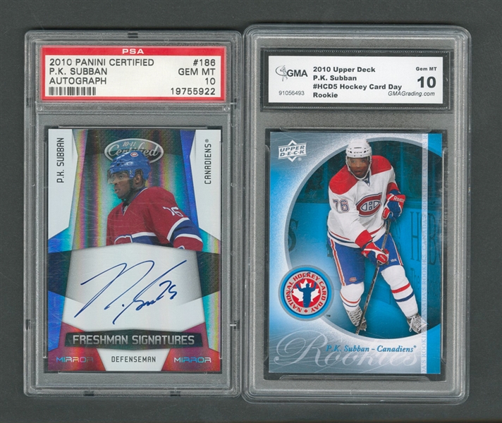 2010-11 Panini Certified Freshman Signatures Card #186 P.K. Subban RC Graded SA 10, 2014-15 Upper Deck PrPemier Emblems P.K. Subban #01/25 Plus Signed McFarlane Figurines and More!