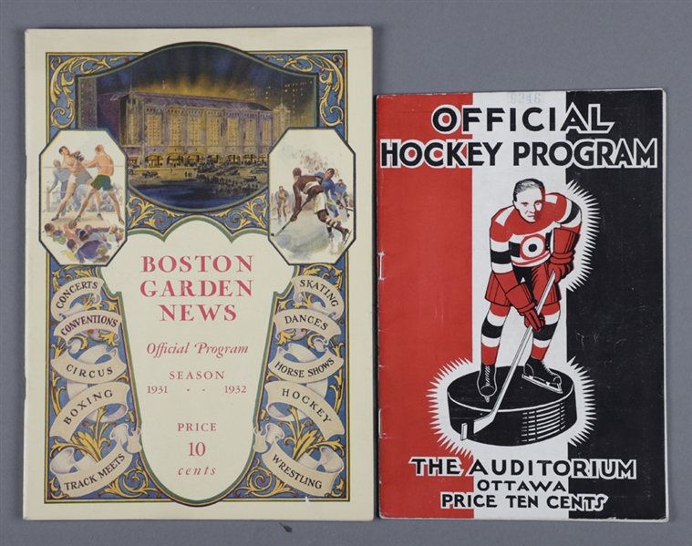 Boston Garden 1931-32 Program (Bruins vs Black Hawks) and Ottawa Auditorium 1932-33 Program (Senators vs Maple Leafs)