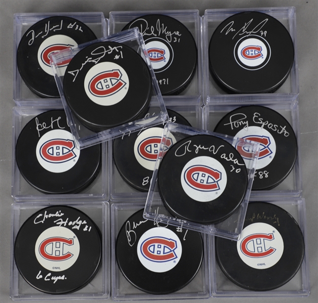 Montreal Canadiens Goaltenders Signed Puck Collection of 11 Including Hall of Fame Members Worsley, Vachon and Esposito with LOA