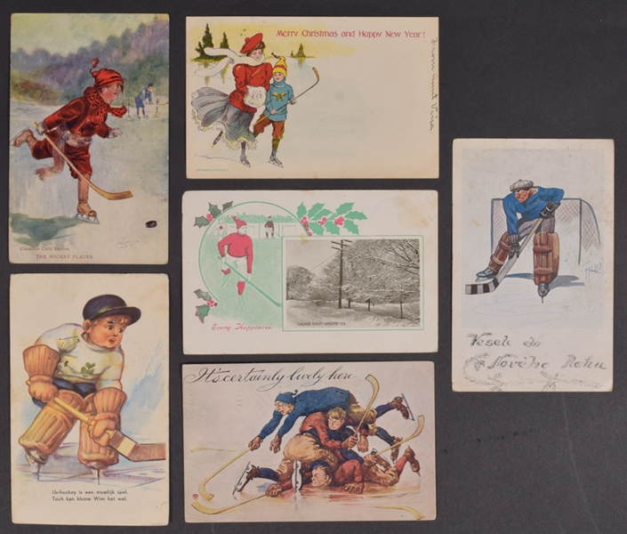 Vintage 1900s-1970s Christmas/Comedy & Other Hockey Postcard Collection of 58