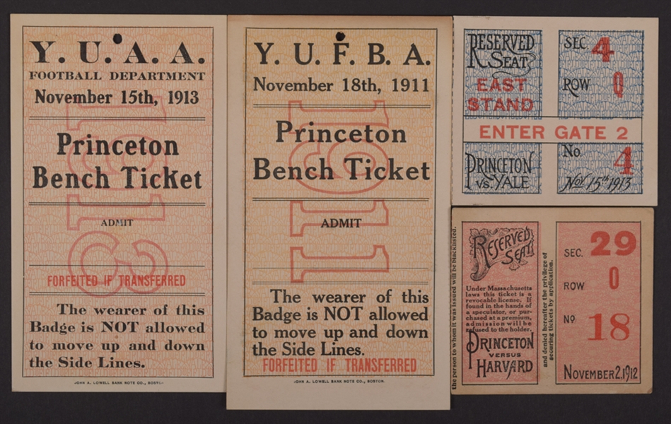 Hobey Baker 1911-13 Princeton Tigers Football Tickets/Side Line Pass Collection of 4