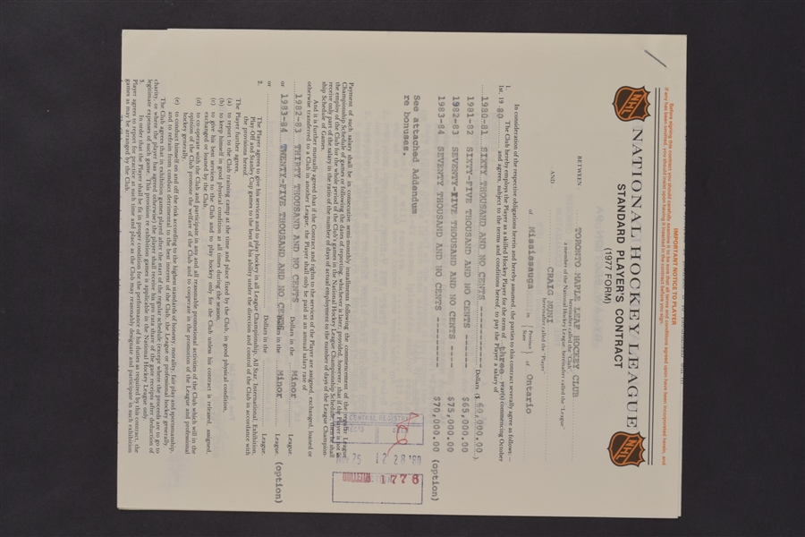 Toronto Maple Leafs 1980s Official NHL Contracts of Terry Martin, Curt Ridley and Craig Muni Including Signatures of Deceased HOFer Punch Imlach