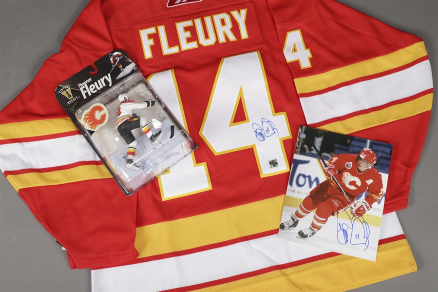 Theoren Fleury Calgary Flames Signed Jersey, Photo and McFarlane Figurine with LOA