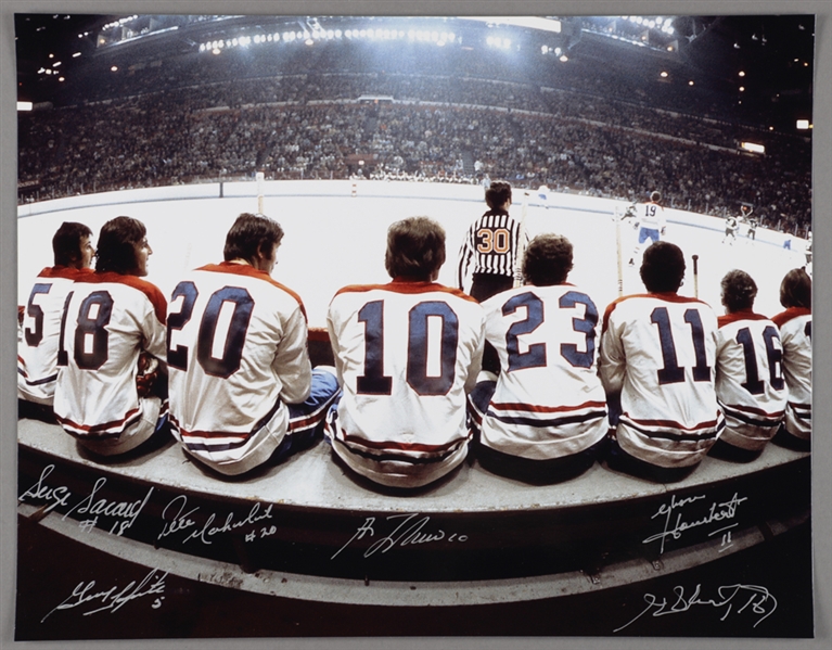 Montreal Canadiens "The Bench" Multi-Signed Photo by 6 with Lafleur, Lapointe, Savard and Henri Richard with LOA (11” x 14”) 