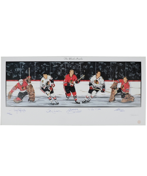 Chicago Black Hawks Limited-Edition Lithograph Autographed by 5 HOFers with LOA (18" x 39")