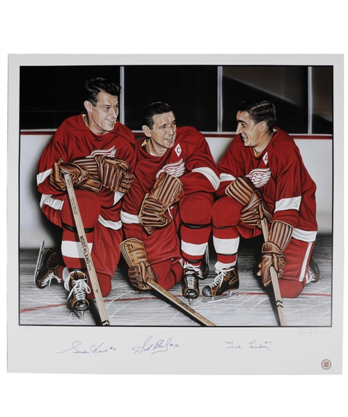 Detroit Red Wings Production Line Limited-Edition Lithograph Autographed by Howe, Abel and Lindsay with LOA (27” x 29 ½”)