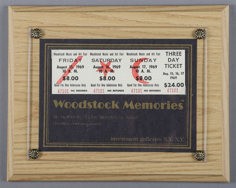Historic 1969 Woodstock Music Festival Full 3-Day $24.00 Unused Ticket Display with LOA