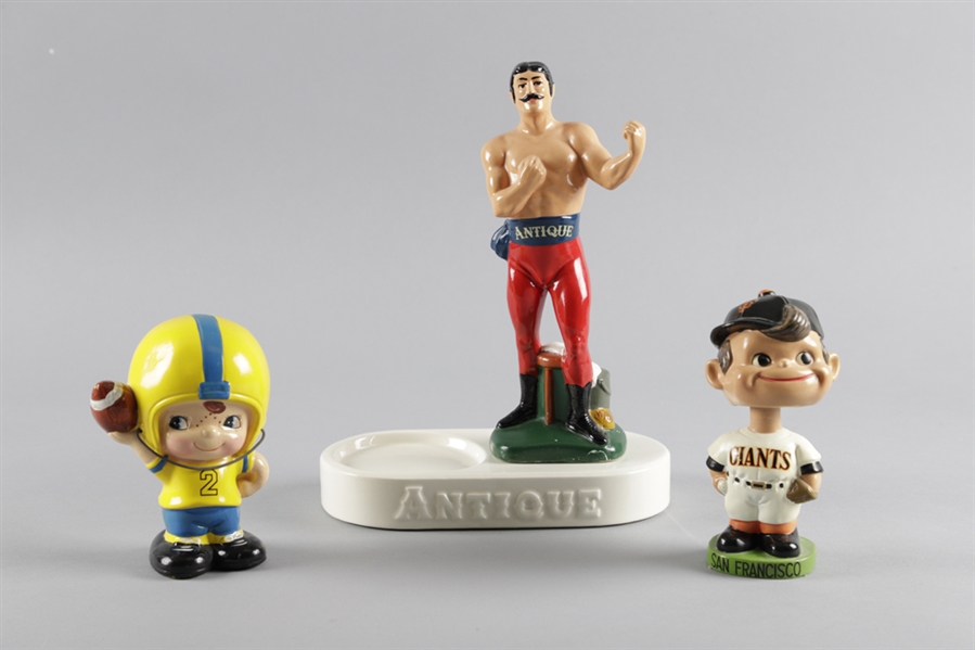 1962 San Francisco Giants Green Base Bobblehead Doll, 1960s Frankfort Distillers "Antique" Boxer Bottle Display and Early-1970s CFL Ceramic Coin Bank 