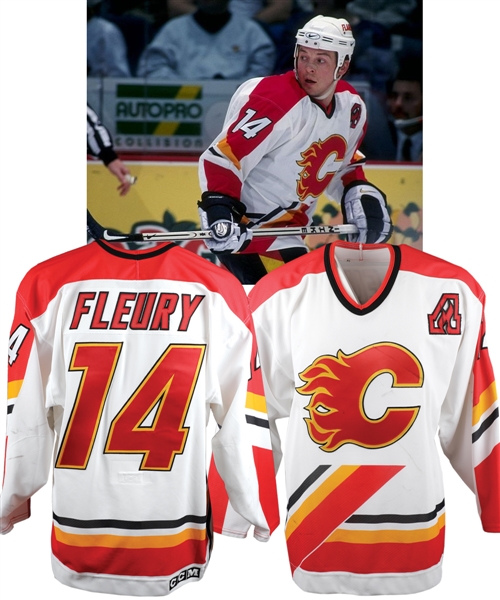 Theoren Fleurys 1997-98 Calgary Flames Game-Worn Alternate Captains Jersey with Team LOA - Photo-Matched!