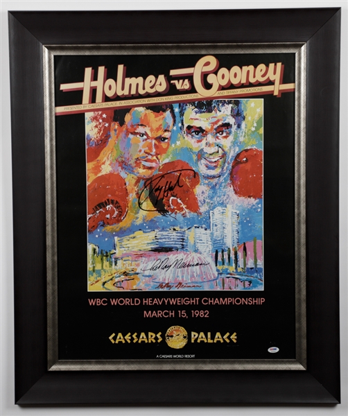 LeRoy Neiman and Larry Holmes Dual-Signed 1982 World Heavyweight Championship Framed Poster Plus Early-1970s Neiman Signed Baseball Framed Magazine and 1968 Neiman Signed Football Program