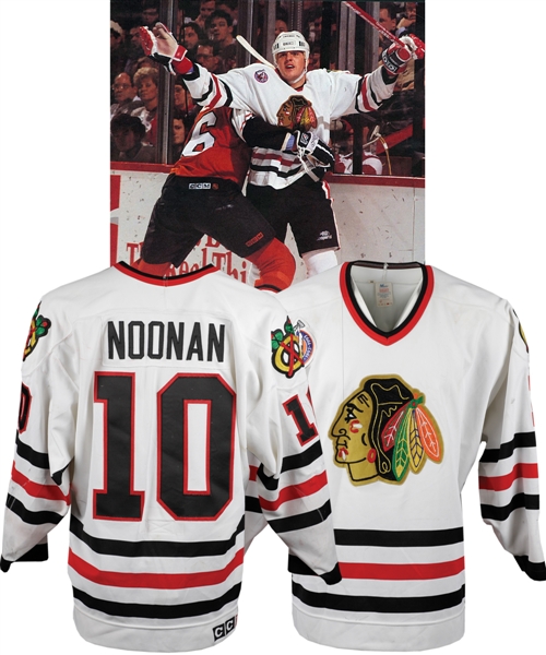 Brian Noonans 1992-93 Chicago Black Hawks Game-Worn Jersey - Team Repairs! - Centennial Patch! - Photo-Matched!