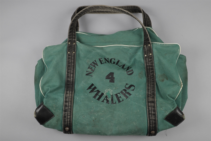 Vintage 1970s WHA New England Whalers Equipment Bag Attributed to Larry Pleau Plus Pair of Game-Used Skates
