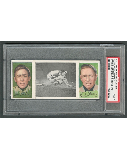 1912 Hassan Triple Folder T202 Baseball Card - Joe Tinker, Johnny Evers (Makes a Safe Slide) and Frank Chance - Graded PSA 7
