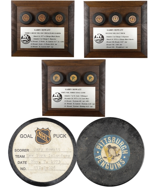 Garry Howatts New York Islanders Mid-1970s Hat Trick Goal Puck Plaques (3) and November 7th 1973 First NHL Goal Puck with His Signed LOA