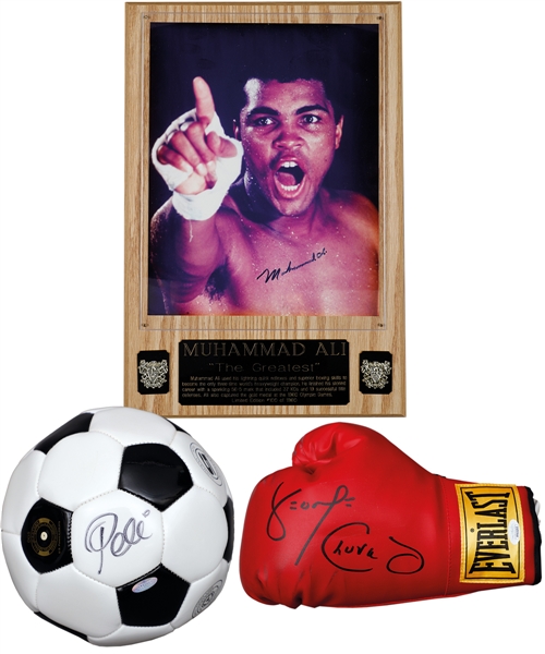 Muhammad Ali Signed Photo Display (JSA LOA), Pele Signed Soccer Ball (Steiner COA), Lendl and Connors Signed Shirts (JSA Basic Cert) and Chuvalo Signed Boxing Glove (JSA Basic Cert)