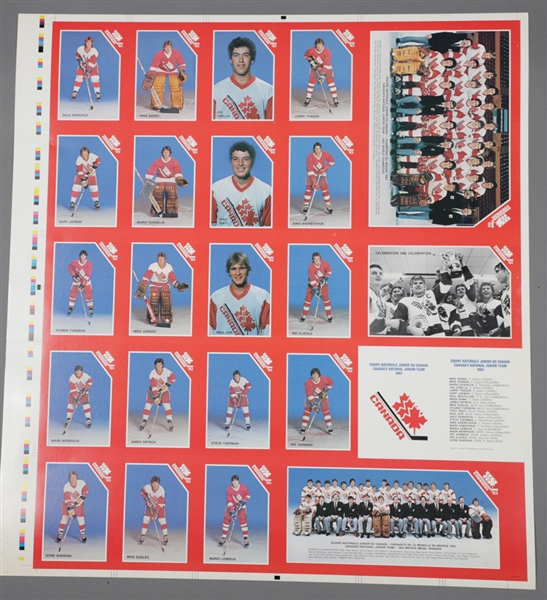1983 Team Canada Junior Team Uncut Postcard Sheet with Mario Lemieux, Steve Yzerman, Dave Andreychuk and Mike Vernon