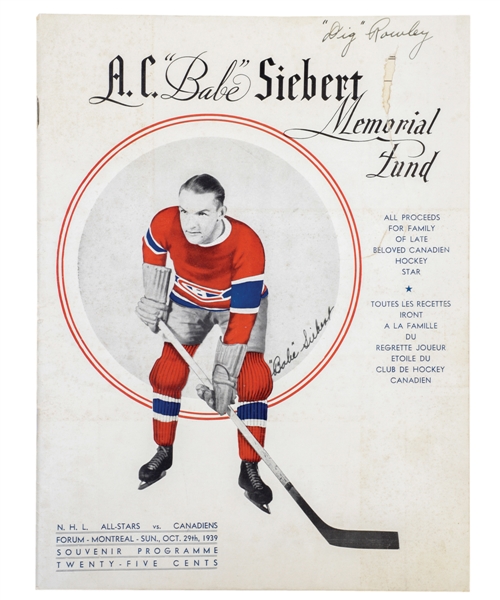 1939 Babe Siebert Memorial Game Program - NHL All-Stars vs Montreal Canadiens