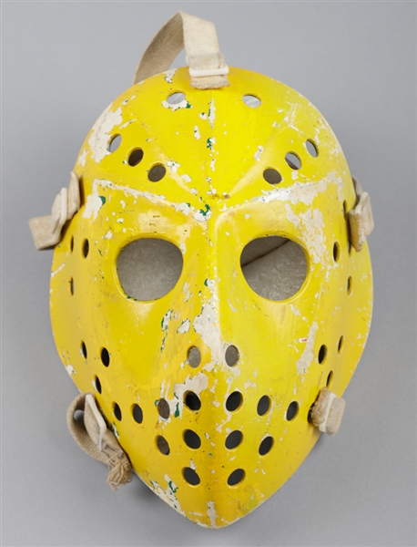 Vintage 1970s Jacques Plantes Company Fibrosport Fiberglass Goalie Mask (Painted Yellow)