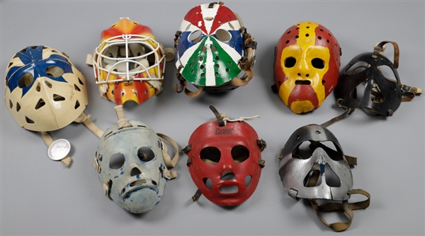 Vintage 1970s/1980 Hockey Goalie Mask Collection of 8 Including 2 Fiberglass Goalie Masks