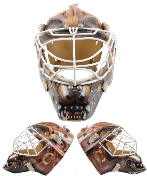 Early-to-Mid-1980s Ed Cubberly "Bird-Cage" Fiberglass Goalie Mask with Tiger Design Displayed at "Simmons Sports" Store