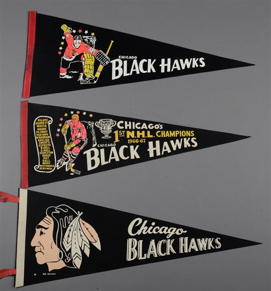 Vintage 1960s/1970s Chicago Black Hawks Full Size Hockey Pennant Collection of 6