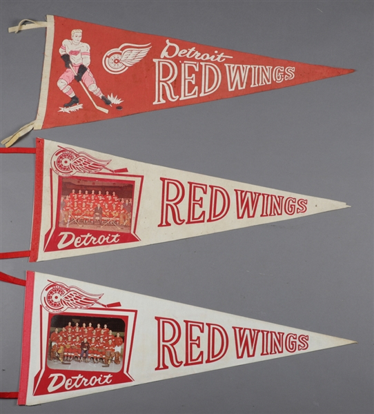 Vintage 1950s/1970s Detroit Red Wings Full Size Hockey Pennant Collection of 6