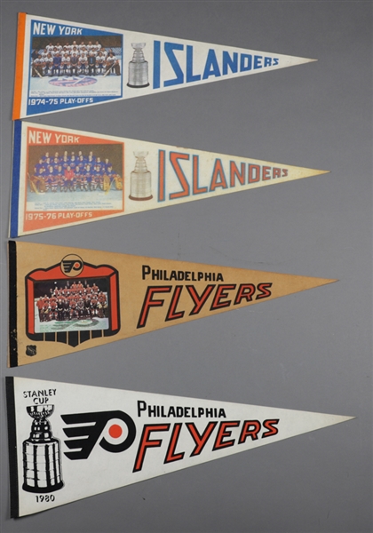 Vintage 1970s/1980s Stanley Cup Champions / Playoffs Full Size Hockey Pennant Collection of 10 - Islanders, Flyers & Sabres