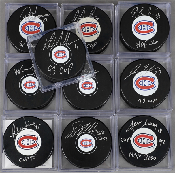 Montreal Canadiens 1993 Stanley Cup Champions Signed Puck Collection of 10 Including Hall of Fame Members Patrick Roy and Denis Savard with LOA  