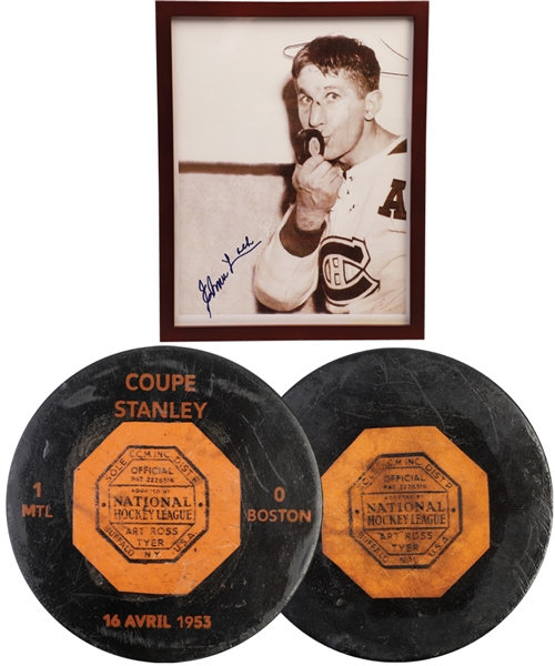 Elmer Lachs 1952-53 Montreal Canadiens Stanley Cup Finals Cup-Clinching Game #5 Goal Puck from His Personal Collection with His Signed LOA