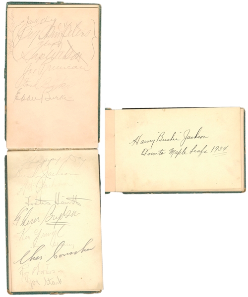 Mid-1930s Toronto Maple Leafs & Other Teams Multi-Signed Booklet Including 7 Deceased HOFers; Conacher, Jackson, Primeau, Clancy, Day, Hewitt and Worters