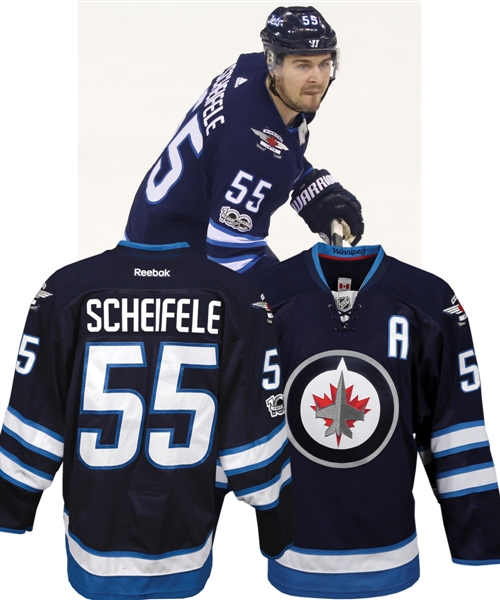 Mark Scheifeles 2016-17 Winnipeg Jets Game-Worn Alternate Captains "Back-Up" Jersey with Team COA - 100th Patch!