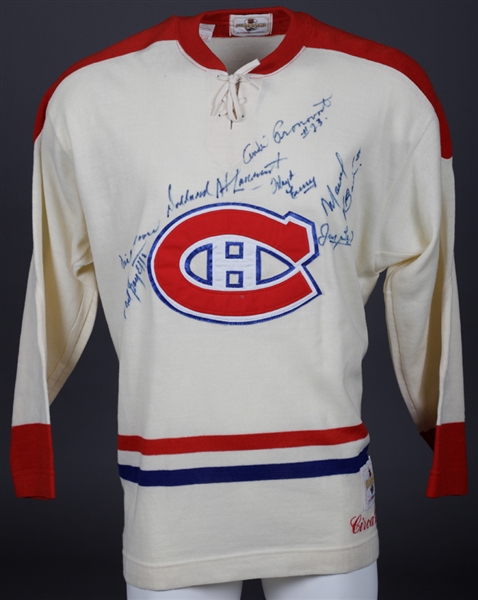 Montreal Canadiens Multi-Signed CCM Heritage Circa 1960 Jersey by 7 Former Players Including Deceased HOFers Beliveau and Moore