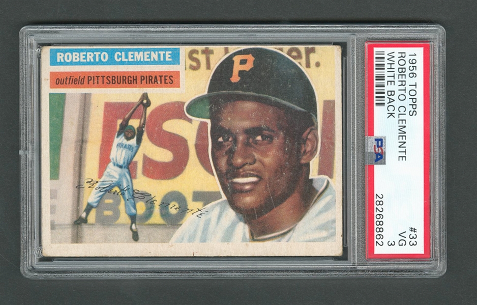 1956 Topps Baseball Card #33 HOFer Roberto Clemente (White Back) - Graded PSA 3