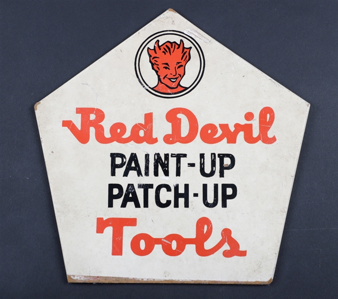 Antique Circa 1920s Red Devil Tools Display Sign, 1930s Catalog of Merchandise and 1970s Termometer 