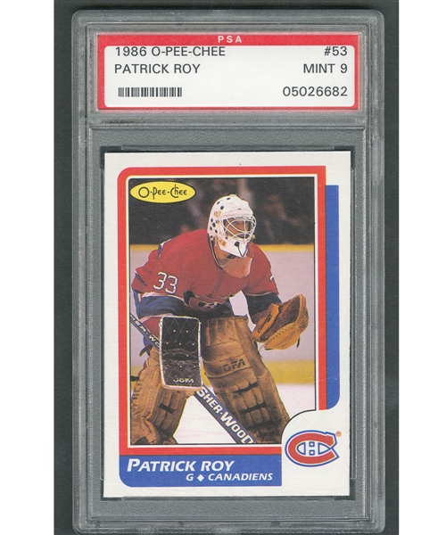1986-87 O-Pee-Chee Hockey Card #53 HOFer Patrick Roy RC - Graded PSA 9