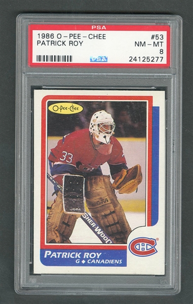 1986-87 O-Pee-Chee Hockey Card #53 HOFer Patrick Roy RC - Graded PSA 8