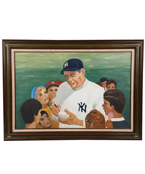 Vintage 1975 New York Yankees Babe Ruth (Signing a Baseball) Framed Painting