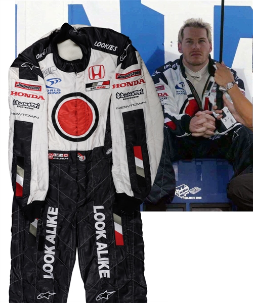 Jacques Villeneuves 2003 Lucky Strike BAR Honda F1 Team Signed Alpinestars Race-Worn Suit with His Signed LOA