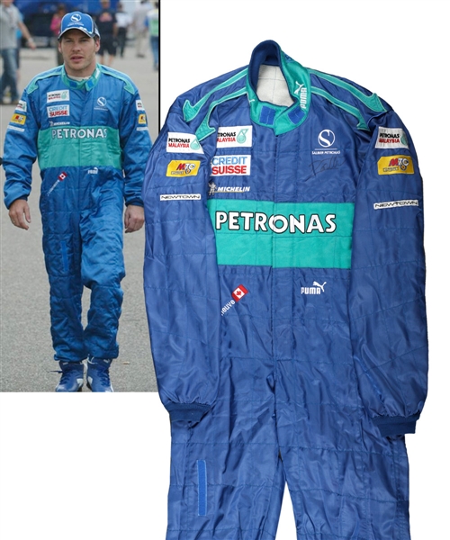 Jacques Villeneuves 2005 Credit Suisse Sauber Petronas F1 Team Signed Race-Worn Suit with His Signed LOA