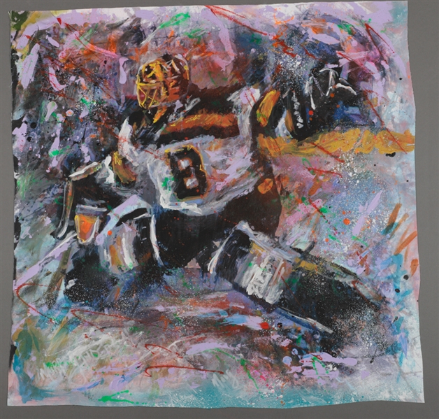 Andy Moog Boston Bruins “Vintage Jersey” Original Painting on Canvas by Renowned Artist Murray Henderson (24 ¼” x 24 ½”)