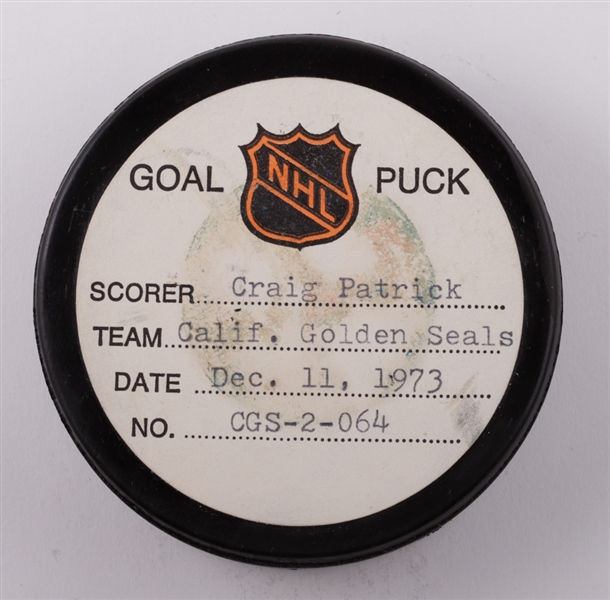 Craig Patricks California Golden Seals December 11th 1973 Goal Puck from the NHL Goal Puck Program - 4th Goal of Season / Career Goal #32 of 72